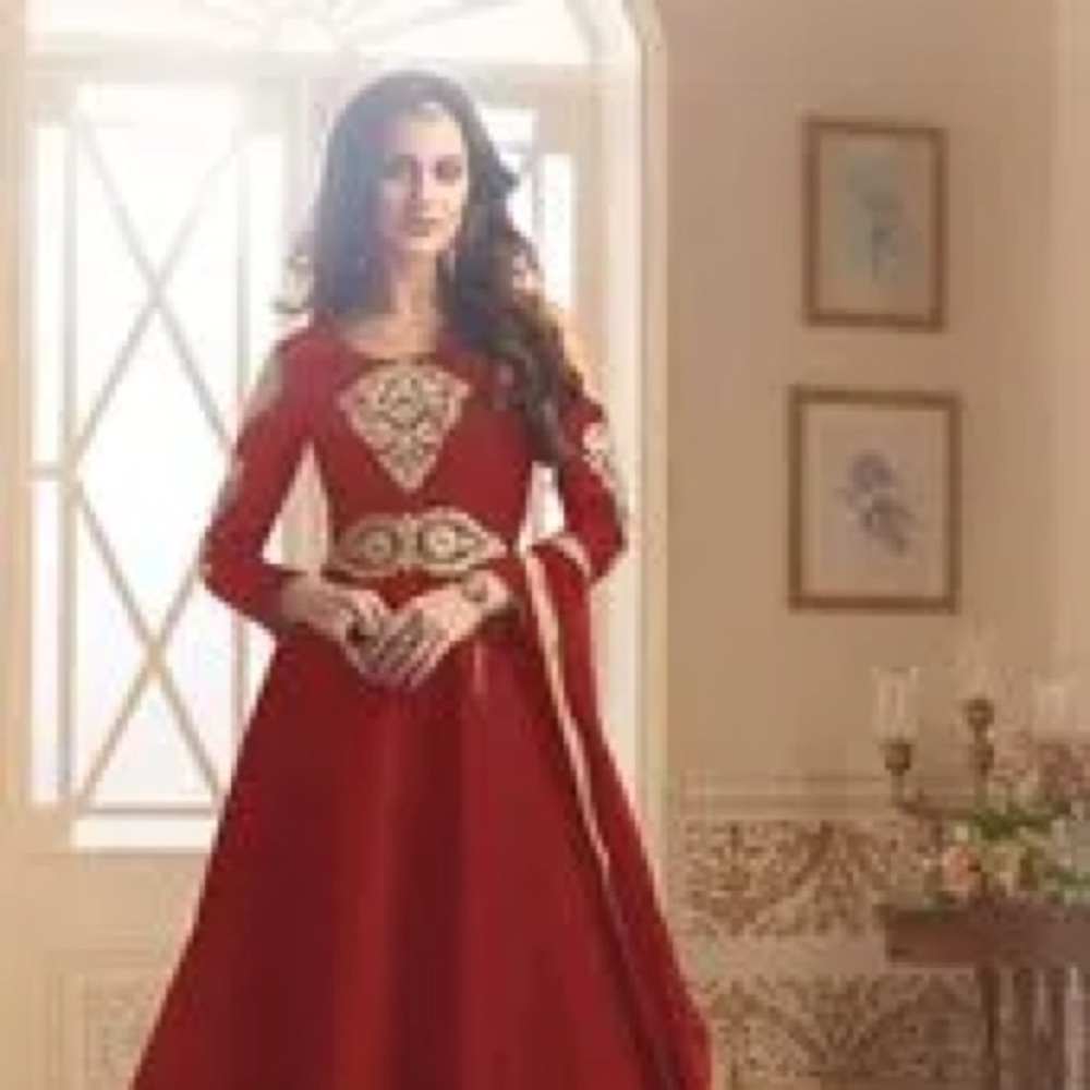 Embroidered Art Silk Abaya Style Suit in Red